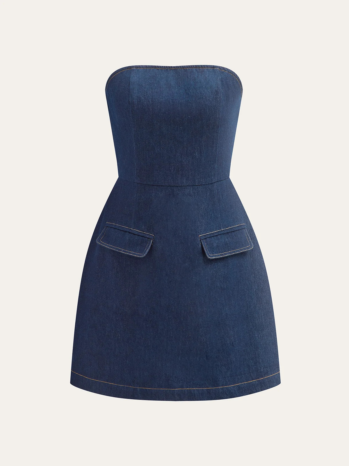 Strapless Denim Mini Dress with Decor Pockets | Commense