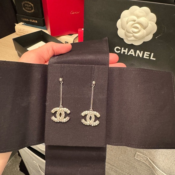 CHANEL baguette crystal CC drop earrings- Silver | Poshmark