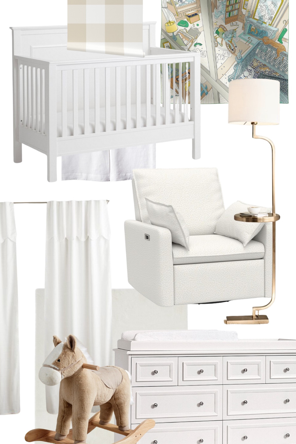 baby’s nursery inspiration board
pottery barn kids crib, rocker, dresser, curtains, musical horse, lamp, and rug

#LTKSaleAlert #LTKBaby #LTKHome