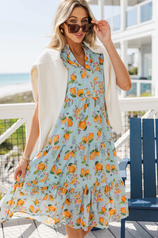 Bright Days Ahead Blue Oranges Print Midi Dress | The Mint Julep Boutique