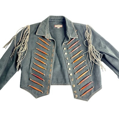 Double D Ranch Military Jacket Army Green Denim Horn Beads Suede Fringe Small  | eBay | eBay US