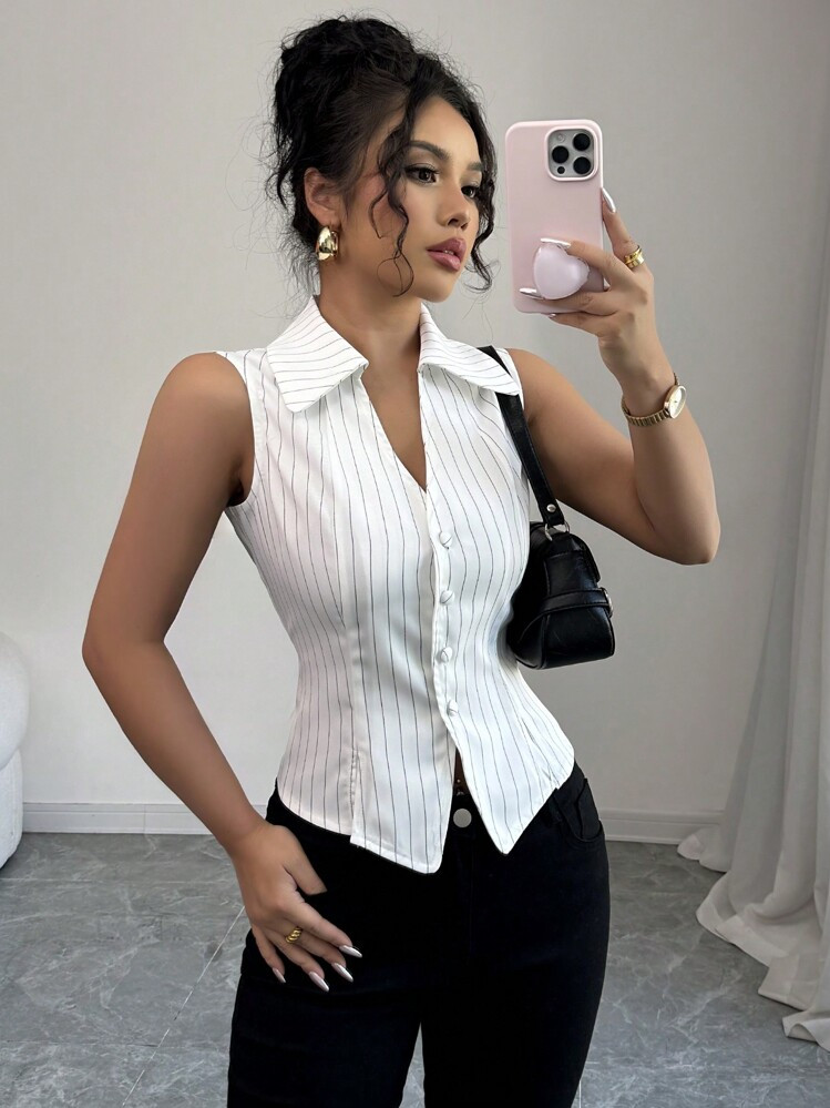 Elenzga Women's Elegant French Chic Commute Casual Holiday V-Neck Sleeveless Striped Blouse With Button Decor And Split Hem, Spring/Summer | SHEIN