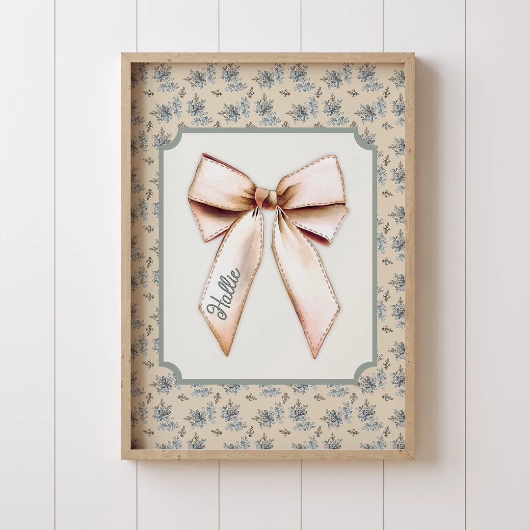 Coquette Style Baby Girl Bow Name Print Grandmillennial Decor Vintage Ribbon Art Minimal Nursery ... | Etsy (US)