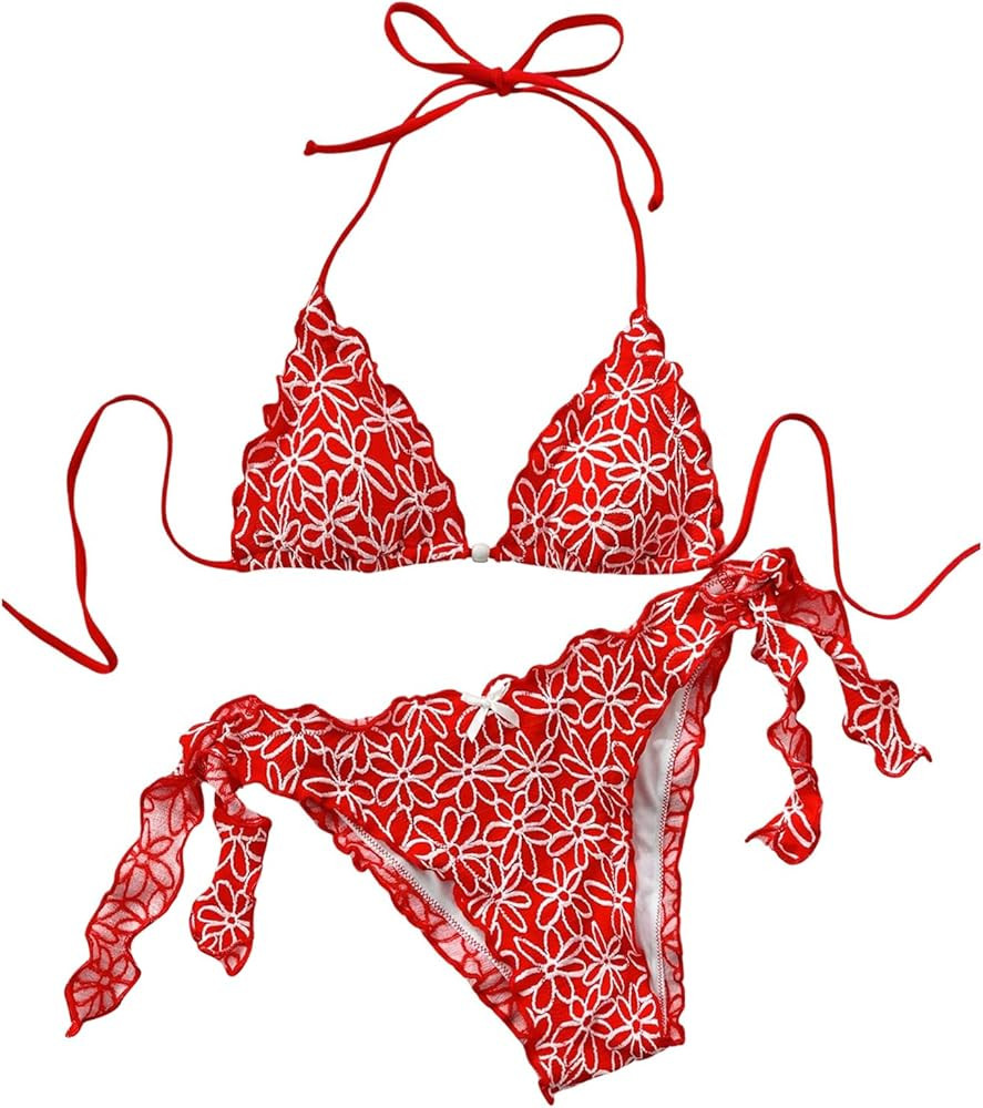SHENHE Women's Halter Triangle Bikini Set Floral Print Side Tie Frilly 2 Piece Swimsuit | Amazon (US)