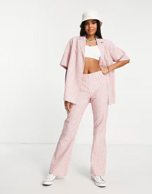 ASOS DESIGN casual flare pants and bowling shirt set in pink check | ASOS (Global)