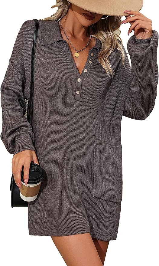 Asskdan Women's Fall V Neck Long Sleeve Sweater Dress Oversized Casual Lapel Button Pullover Jump... | Amazon (US)