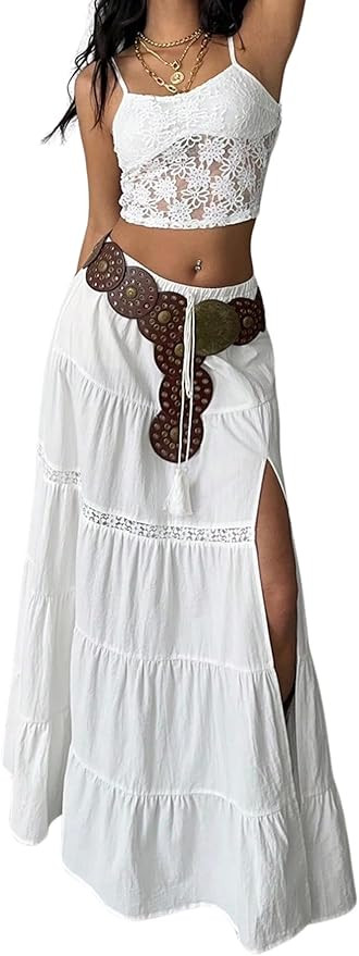 Verdusa Women's Boho Western Lace Long Skirt Drawstring Waist Layered Ruffle Skirts | Amazon (US)