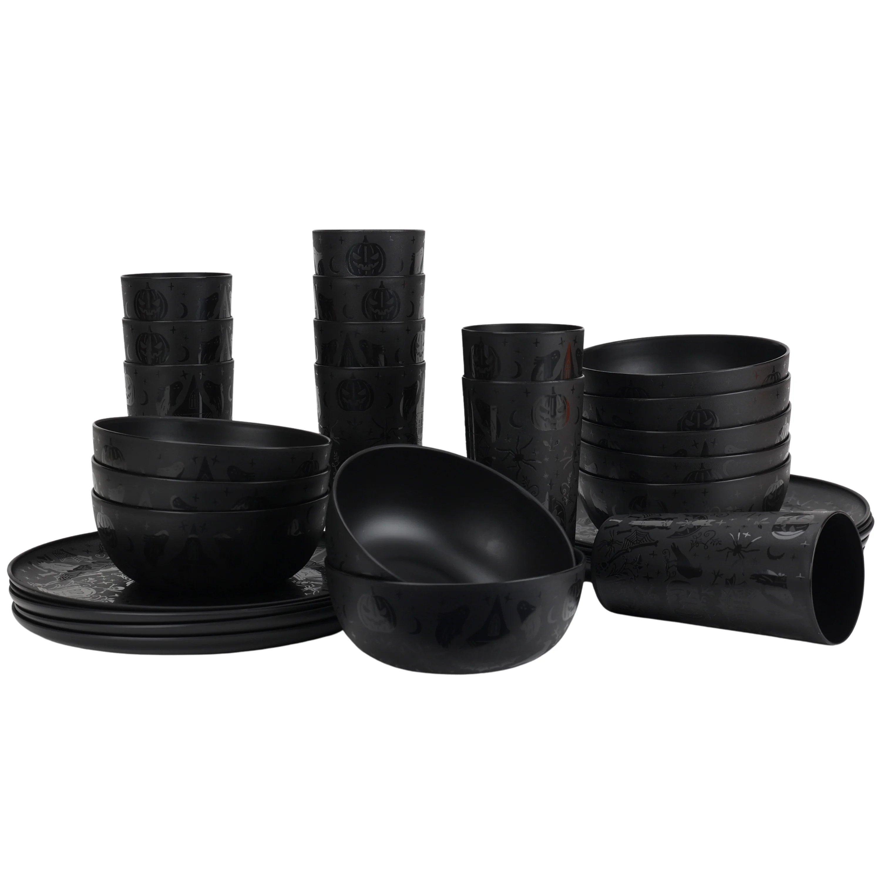 Mainstays Plastic Etched Halloween 30 Piece Dinnerware Set, Black | Walmart (US)
