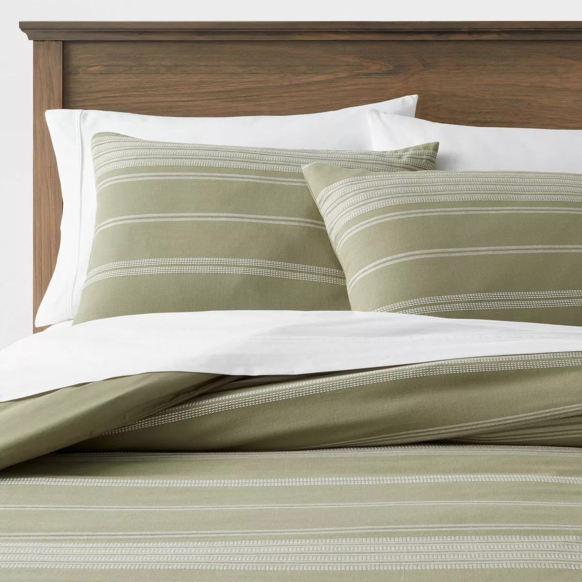 Full/Queen Cotton Woven Stripe Duvet Cover & Sham Set Moss Green/White - Threshold™ | Target