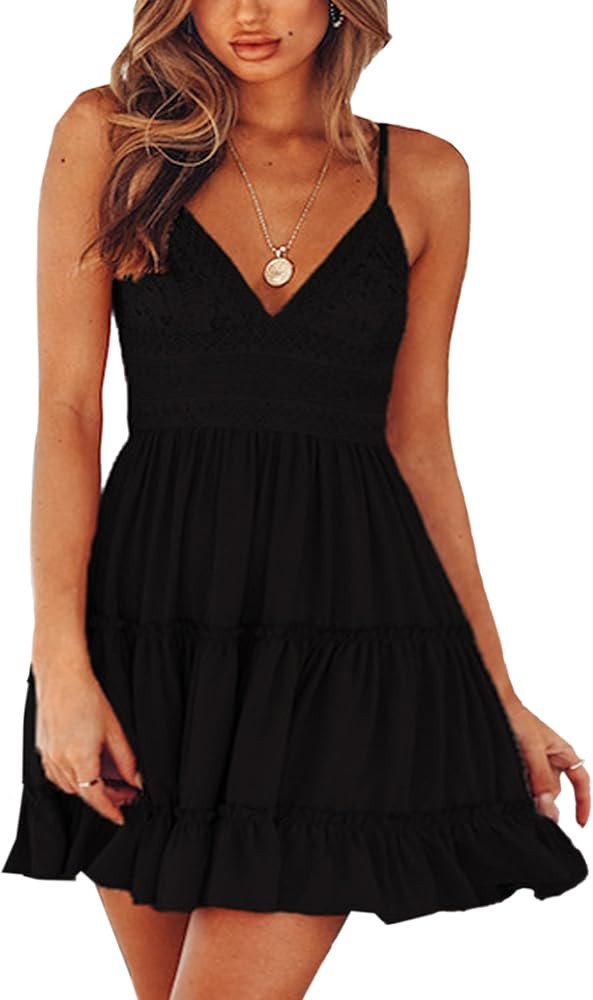 Womens V-Neck Spaghetti Strap Bowknot Backless Sleeveless Lace Mini Swing Skater Dress | Amazon (US)