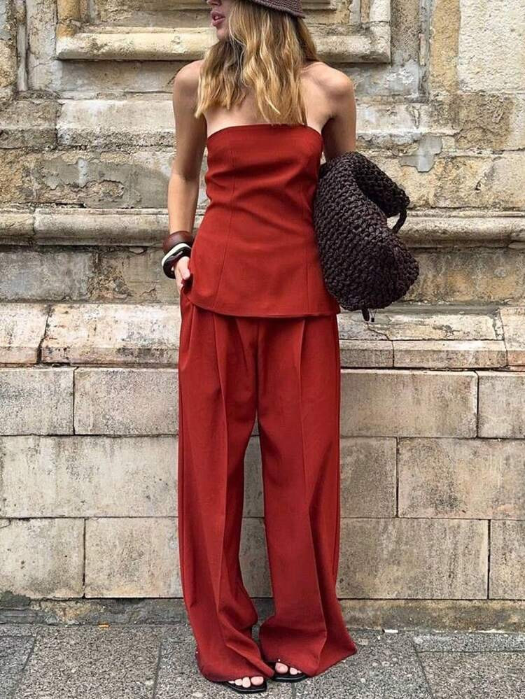 INAWLY Women's New Spring/Summer 2-Piece Set, French Casual Tube Top + Straight Leg Pocket Pants, Summer 2-Piece Set Rust Red Tube Top + Elastic Waist Wide Leg Pants Casual Set, Spring Vintage Casual Simple Basic 2-Piece Set, Commuting Outfit, Daily Wear | SHEIN