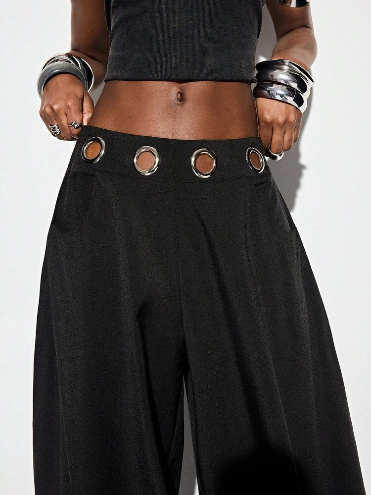 Aveloria GENKIRA Black Large Silver Metallic Eye Waistband Decor Flared Harem Pants, Streetwear A... | SHEIN