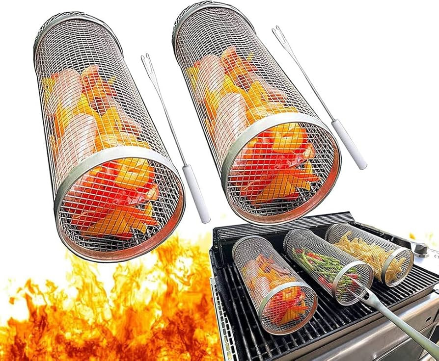 2 PACK Rolling Grilling Basket - Stainless Steel BBQ Grill Mesh for Vegetables, Fish and French F... | Amazon (US)