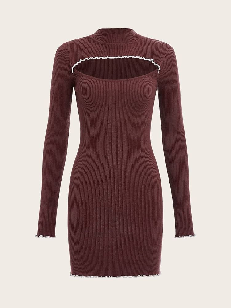 Sweater Dress for Women - Mock Neck Cut Out Lettuce Trim Sweater Dress (Color : Chocolate Brown, ... | Amazon (US)
