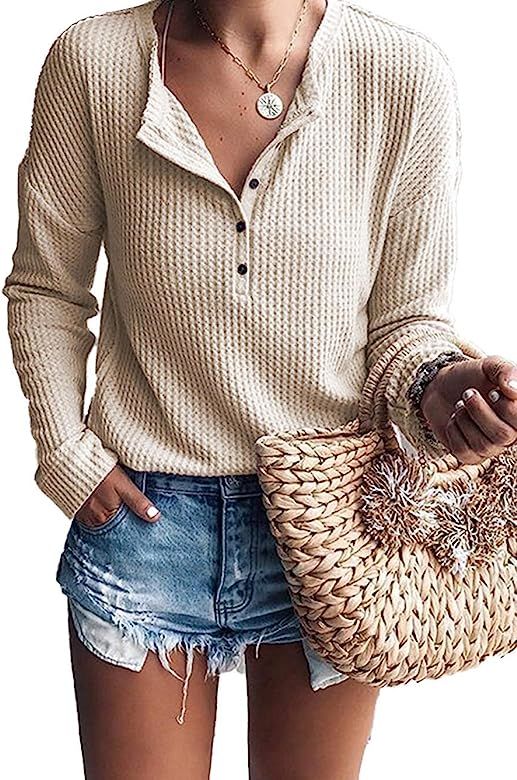 WNEEDU Women's Waffle Knit Tunic Tops Loose Long Sleeve Button Up V Neck Henley Shirts | Amazon (US)