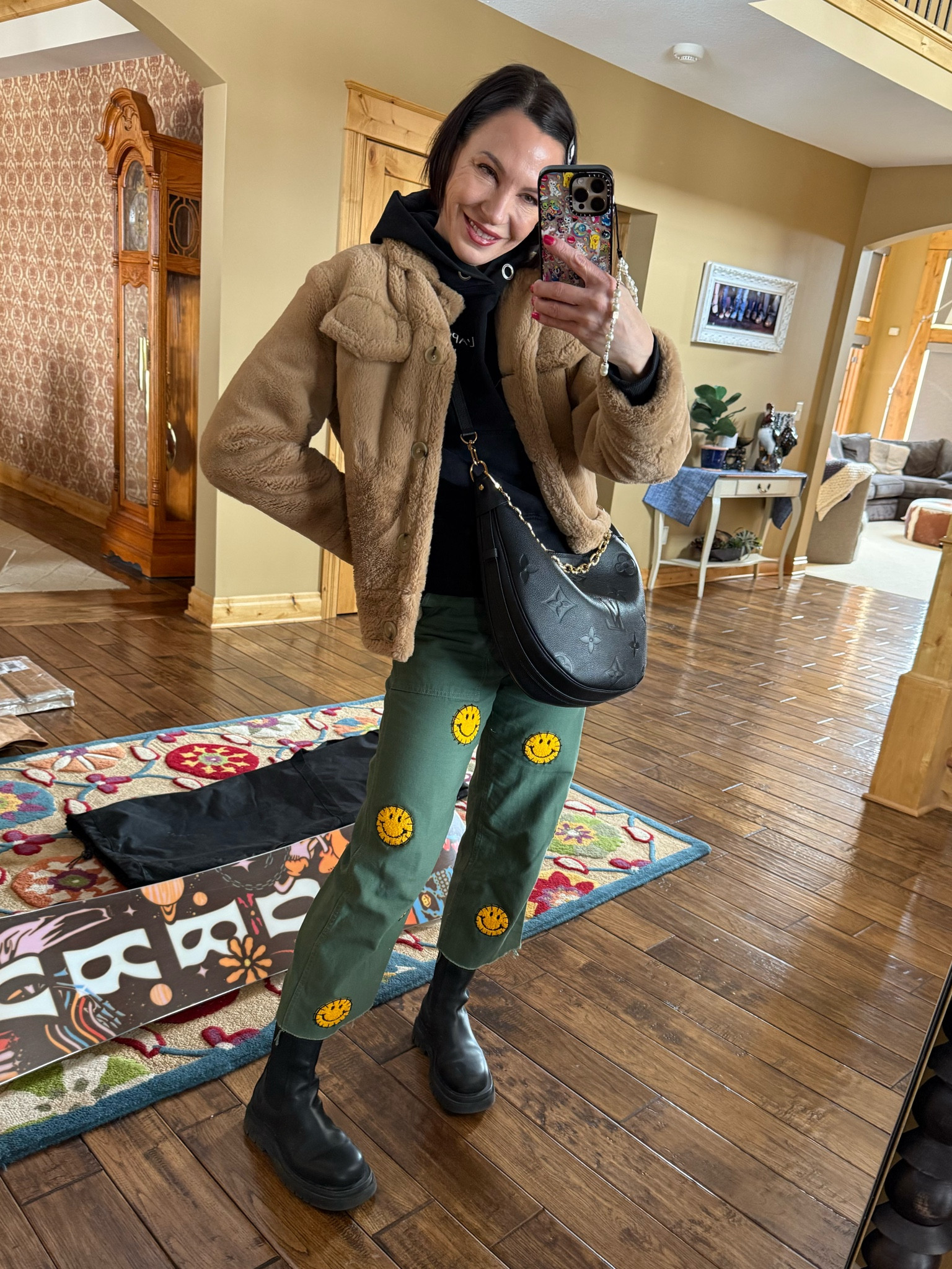 Outfit today- 
Green smiley face pants, hooded sweatshirt, boots, teddy bear coat & Louis Vuitton crossbody

Winter outfit, winter style, casual style

#LTKStyleTip #LTKSeasonal #LTKOver40