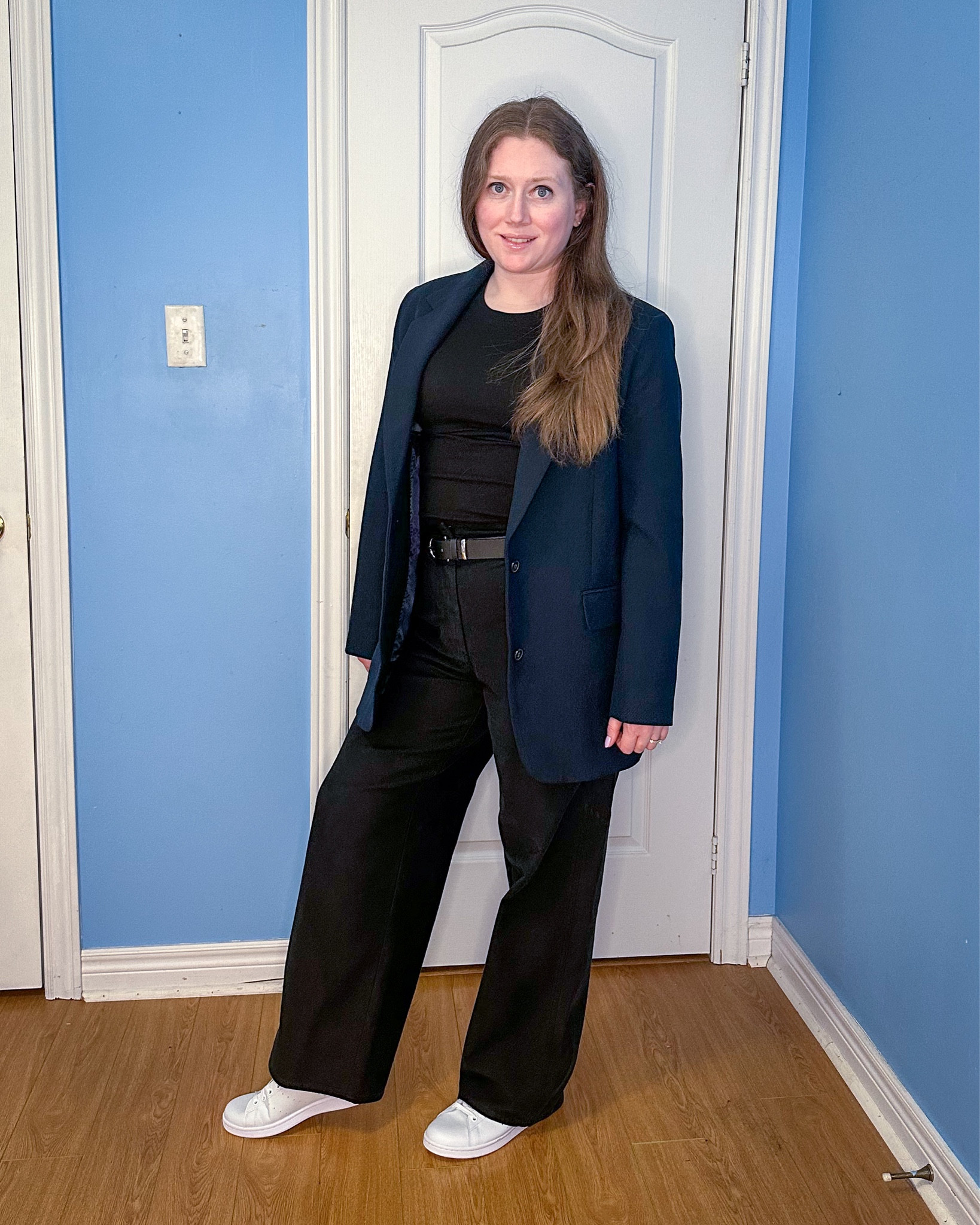 Work Outfit Styled With White Sneakers

Pair an oversized blazer, long sleeve shirt, Aritzia wide leg pants, black belt and Adidas white sneakers to complete this look. 

Aritzia New Agency Blazer (Size Medium)
Dynamite Clothing Long Sleeve Top (Size Medium)
Dynamite Clothing Belt (Size M/L)
Aritzia Ascendant Pants (Size 10)
Adidas Stan Smith White Sneakers (Size 8.5)


#LTKmidsize #LTKworkwear #LTKstyletip