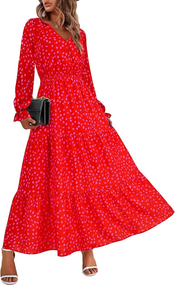 BTFBM Women Fall Dresses 2024 Casual Long Sleeve V Neck Maxi Dresses Floral Boho Long Dress Weddi... | Amazon (US)