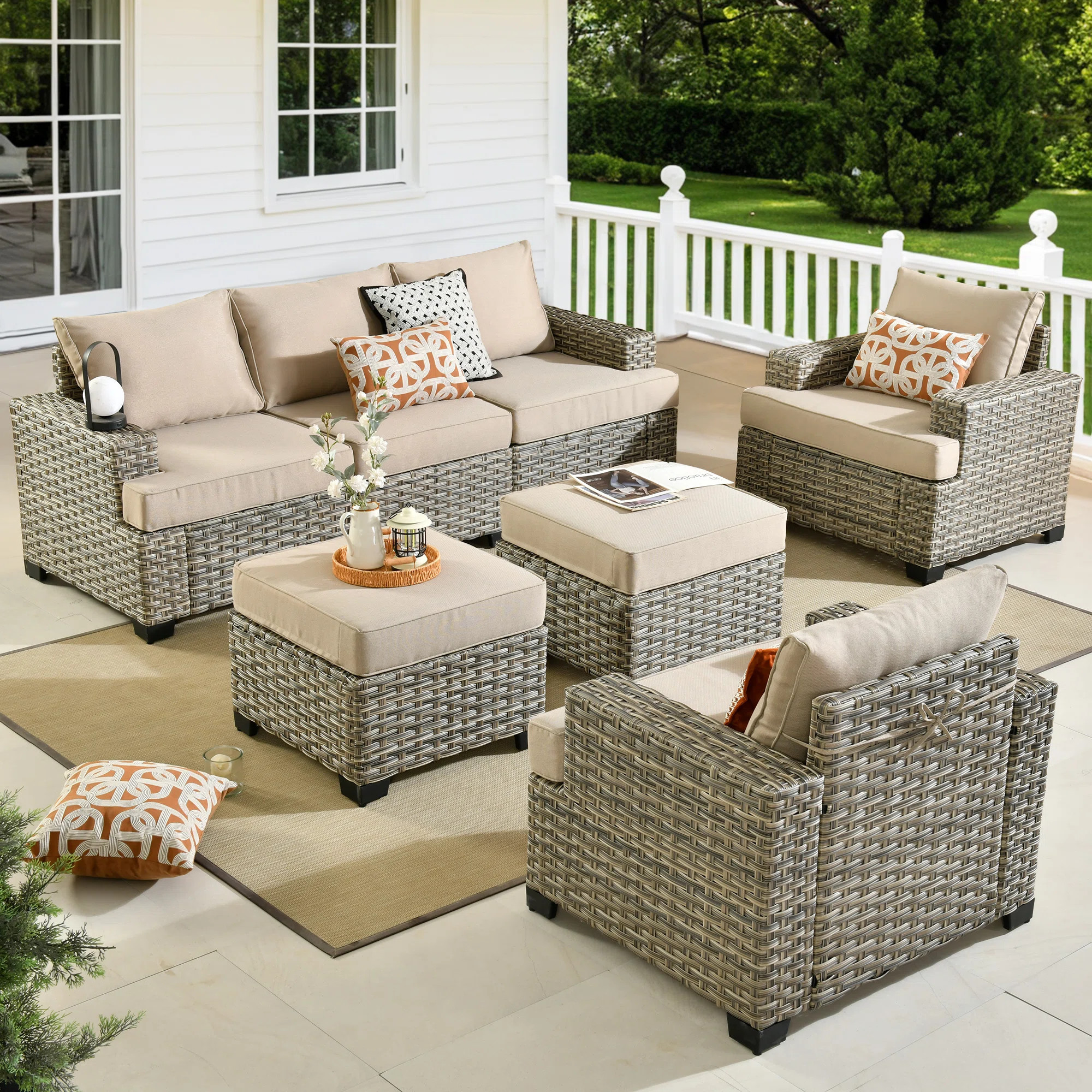 7 - Person Patio Furniture Set with Chairs, Outdoor Wicker Rattan Sectional Seating Group with Cu... | Wayfair North America