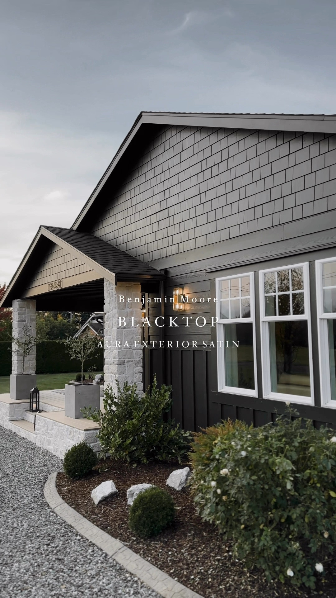 no blue undertones… just neutral 🖤 
When we painted our exterior dark we didn’t want it to feel harsh or stark, so we opted for a warmer black that still feels inviting. “Blacktop” by @benjaminmoore was the perfect shade. 
••Note- We chose their Aura paint line for maximum fading prevention. 

#LTKWatchNow #LTKActive