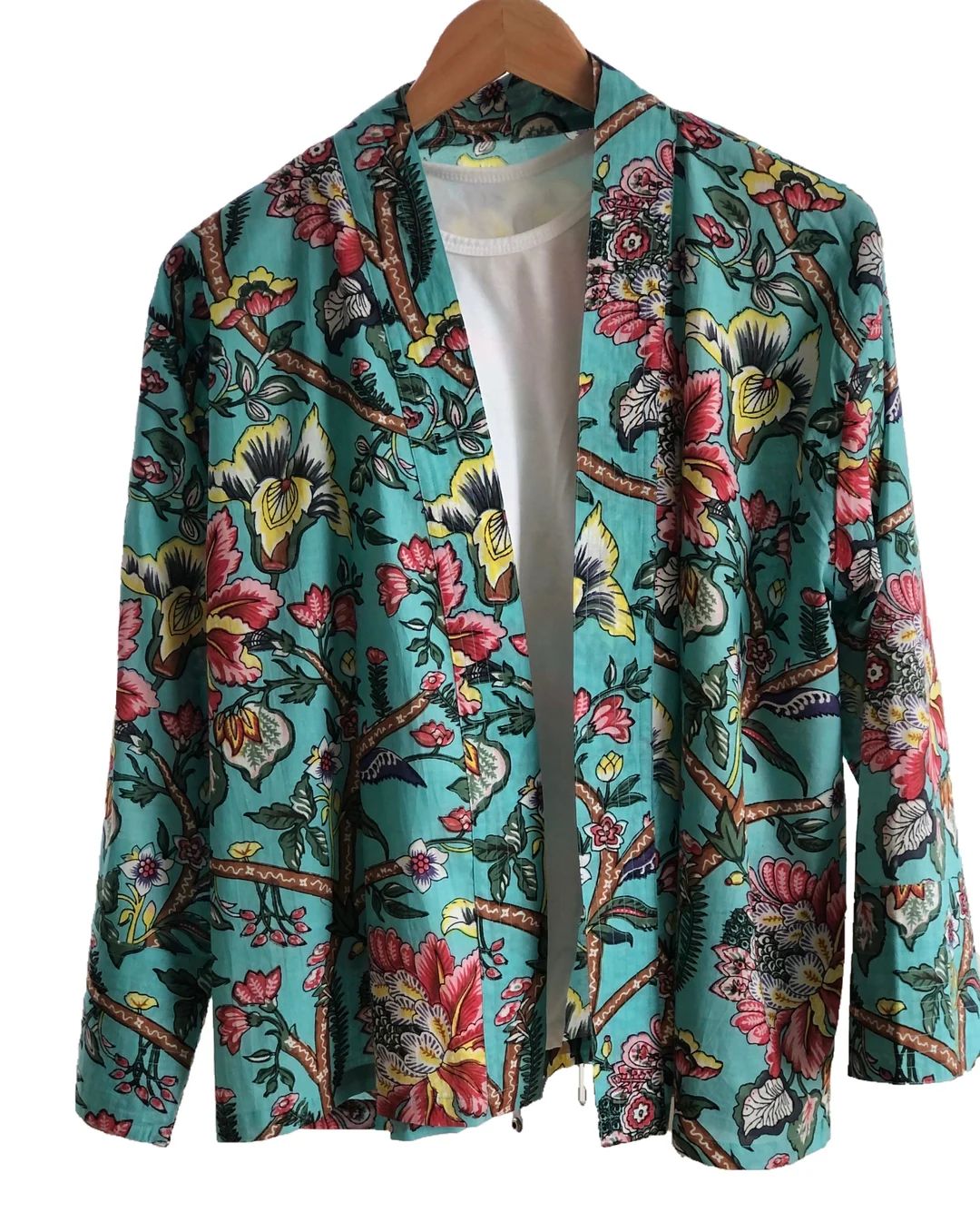 Cotton Kimono Jacket in Turquoise With Pink and Yellow Flowers - Etsy UK | Etsy (UK)