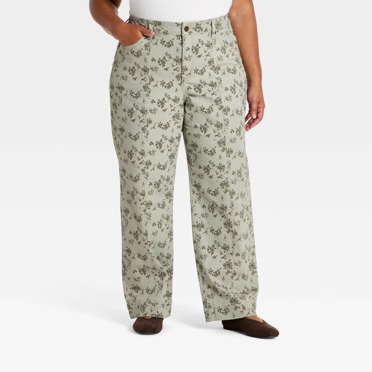 Women's Plus Straight Leg Twill Floral Print Pant - Ava & Viv\u2122 Olive Green 28 | Target