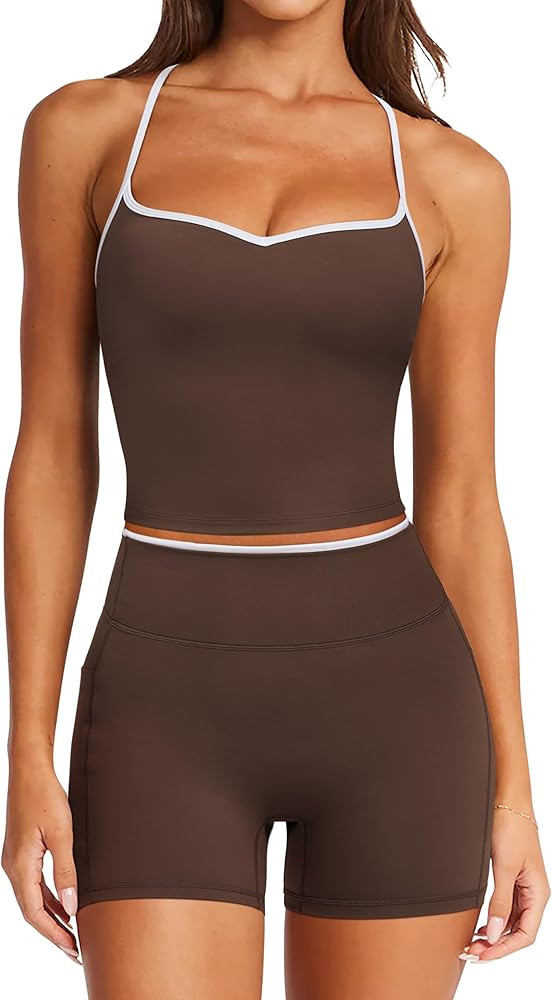 RXRXCOCO Color Block Workout Sets for Women 2 Piece Padded Strappy Tank Tops Hidden Scrunch Booty... | Amazon (US)