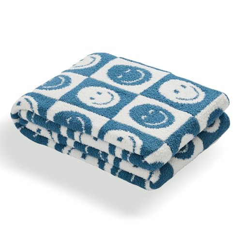 Throw Blankets with Smiley Faces Checkered Reversible Soft Cozy Warm Blanket for Bed Sofa Travel (Grid Smile,Navy Blue,51"x63") | Amazon (US)