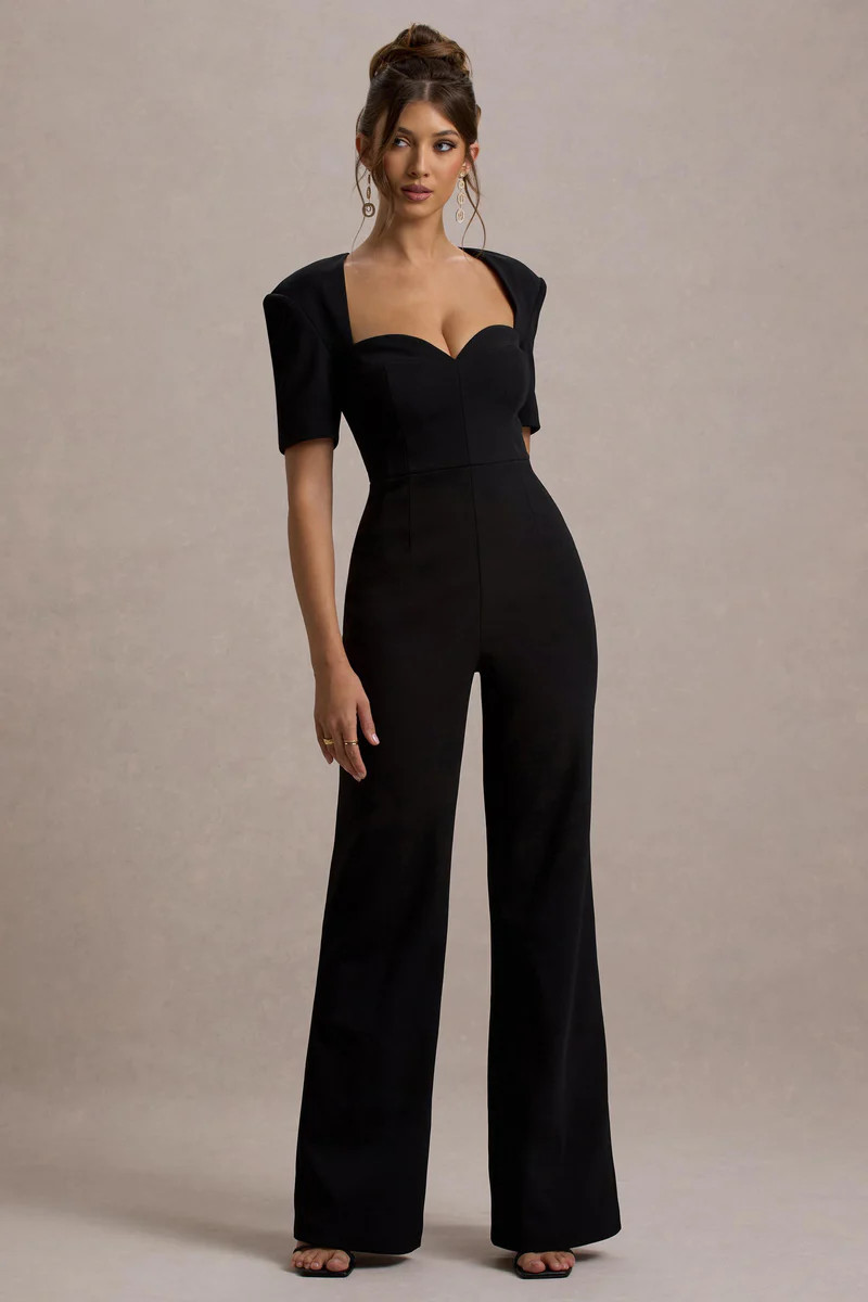 Simone | Black Sweetheart Short-Sleeve Wide-Leg Jumpsuit | Club L London