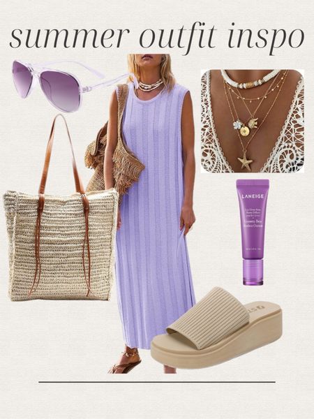 Amazon summer outfit inspo, purple maxi dress, charm necklace, straw handbag, sandals, purple sunglasses, lipgloss, vacation outfit, date night outfit 


#LTKFindsUnder50 #LTKItBag #LTKStyleTip