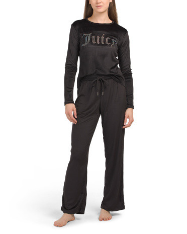 Velvet Fleece Crew Neck Set With Wide Leg Pants And Rhinestone Detail | TJ Maxx
