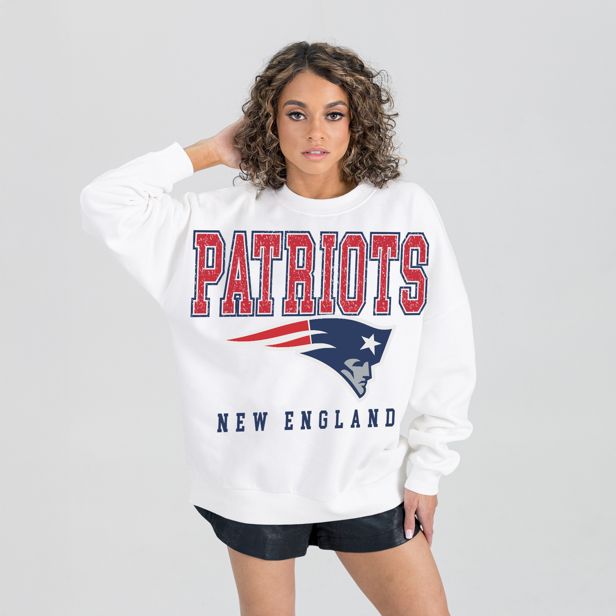 Women's Gameday Couture  White New England Patriots  Sunday Drives Oversized Crewneck Pullover Sweatshirt | NFL Shop