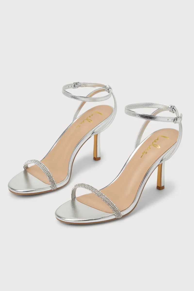 Joycie Silver Metallic Rhinestone Ankle Strap High Heel Sandals | Lulus (US)