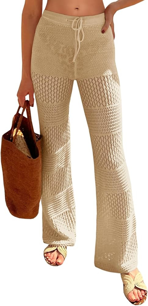 Saodimallsu Womens Beach Cover Up Pants Boho Crochet Knit High Waist Drawstring Sheer Hollow Swim... | Amazon (US)