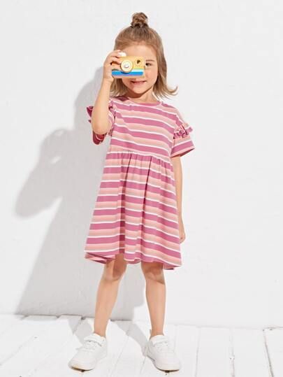 SHEIN Toddler Girls Drop Shoulder Ruffle Detail Striped Smock Dress | SHEIN