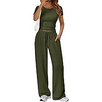 Trendy Queen 2 Piece Matching Summer Lounge Set Womens Side Ruching Top Wide Leg Pants Sets with ... | Amazon (US)