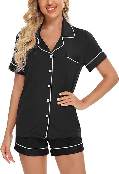 Samring Women's Button Down Pajama Set V-Neck Short Sleeve Sleepwear Soft Pj Sets S-XXL | Amazon (US)