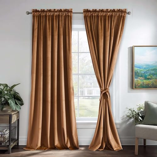 JIUZHEN Gold Brown Velvet Curtains 108 inches for Bedroom Room Darkening Thermal Insulated Window Curtain Drapes for Living Room/Office/Dining Room, 2 Panels, W52 x L108, Gold Brown | Amazon (US)