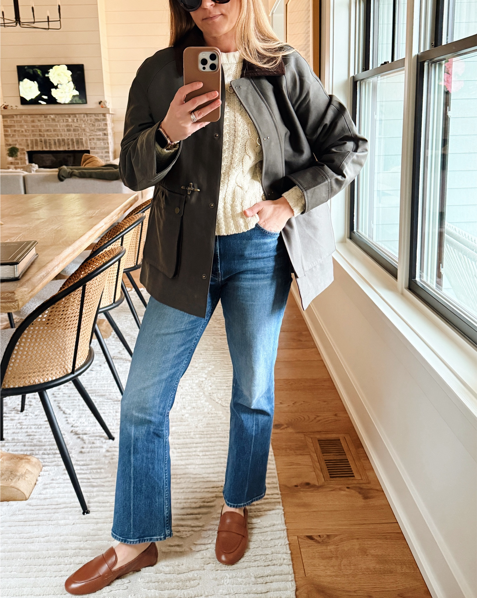 Sweater size Xxs (I went down 2 sizes for a shrunken fit)
Jacket size small
Jeans size 3(

#LTKSeasonal #LTKOver40 #LTKStyleTip