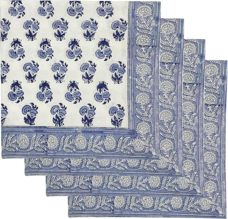 Ridhi Block Print Wistful Blue Border Napkins 20" x 20" Inch Set 4 -Reusable Cotton Decorative Na... | Amazon (US)