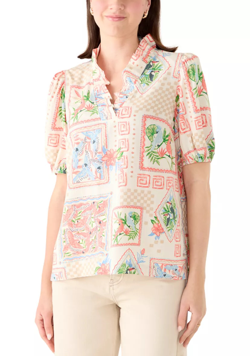 Women's Short Sleeve Print Ruffle Neck Top | Belk