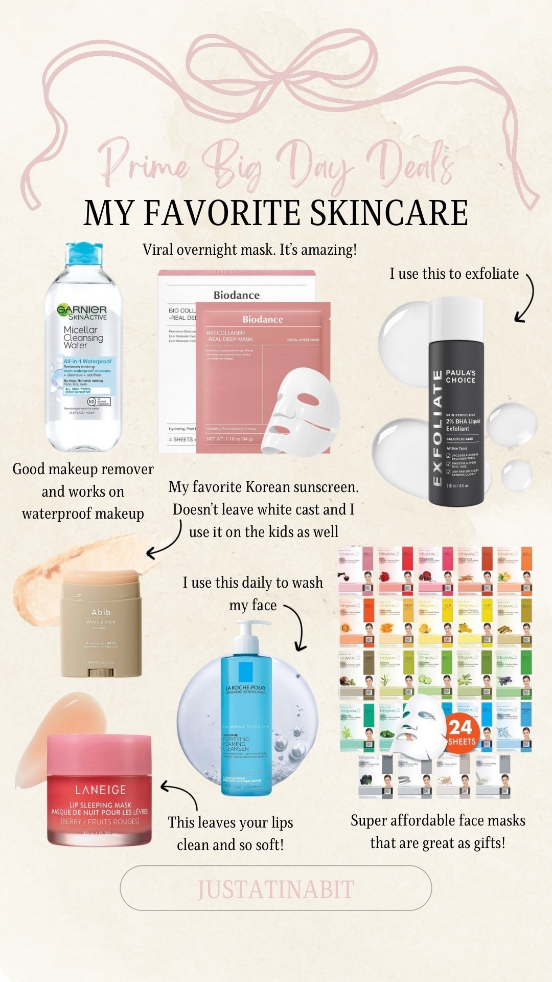 Amazon Prime Big Day Deals - MY FAVORITE SKINCARE! 

Garnier Micellar water - Good makeup remover and works on
waterproof makeup.
Biodance viral overnight mask. It's amazing!
Abib sunstick - My favorite Korean sunscreen. Doesn't leave white cast and I use it on the kids as well. 
Laneige lip sleeping mask - This leaves your lips clean and so soft!
Korean face masks - Super affordable face masks that are great as gifts!
La Roche-Posay Toleriane Purifying Foaming Facial Cleanser - I use this daily to wash my face

#LTKSaleAlert #LTKFindsUnder50 #LTKBeauty