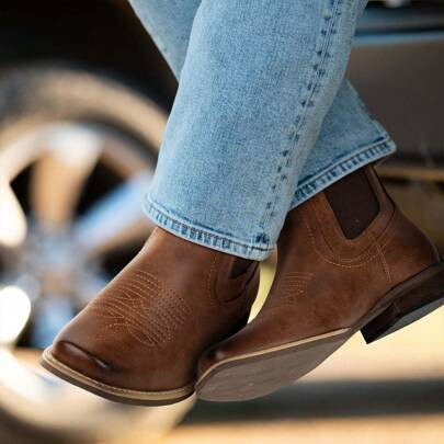 Men's Western Cowboy Boots - Chelsea Short Boots With Square Toe, Suitable For Casual Wear, Retro And Fashionable Brown Boots. | SHEIN