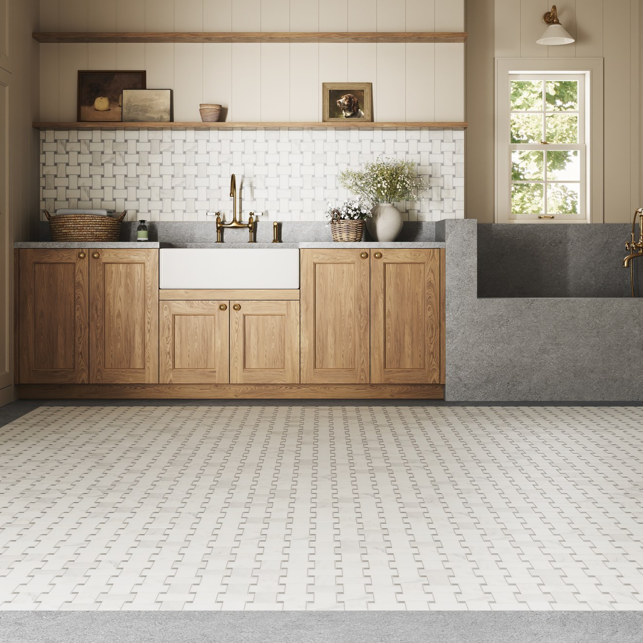 Jumbo Basketweave Honed Marble in Oriental White with Cinder Grey Dot | Bedrosians Tile and Stone