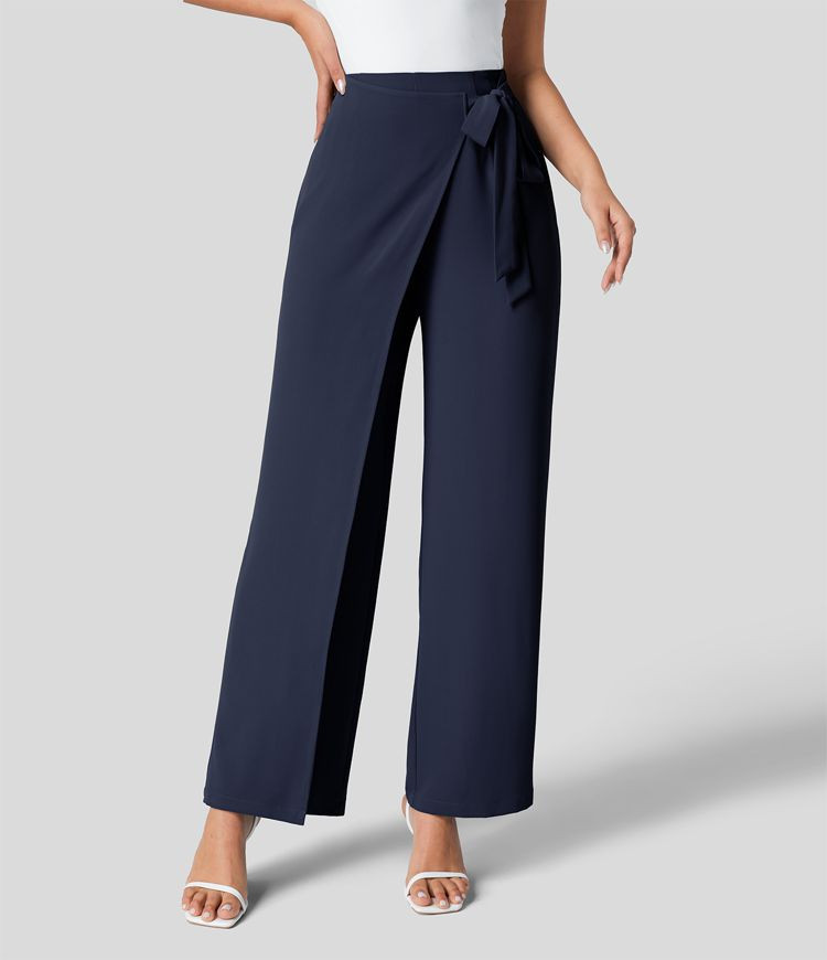 Women’s High Waisted Tie Side Invisible Zipper Wide Leg Work Pants - Halara | HALARA