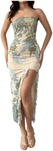 Milumia Women's Floral Print Split Thigh Tube Dress Strapless Ruffle Trim Mesh Bodycon Long Dress... | Amazon (US)