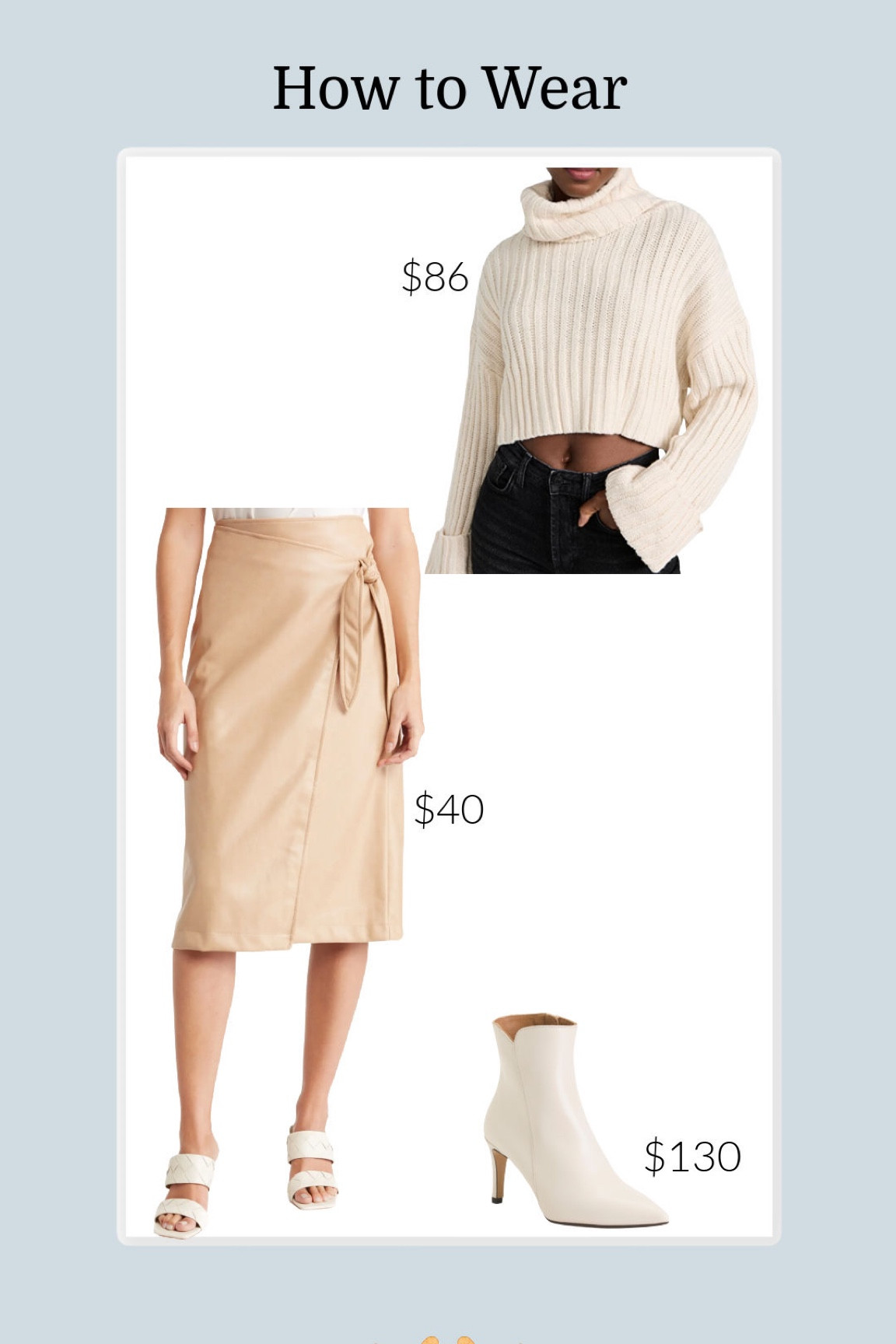 #croppedsweater #creamsweater #turtleneck #turtlenecksweater #leatherskirt #wrapskirt #fauxleatherskirt #fauxleather #booties #whitebooties #whiteheels #boots #skirt #fall #falloutfits #falloutfitinspo 

#LTKstyletip #LTKSeasonal #LTKunder100