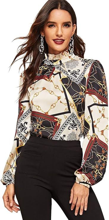 Romwe Women's Elegant Printed Stand Collar Long Sleeve Workwear Blouse Top Shirts | Amazon (US)