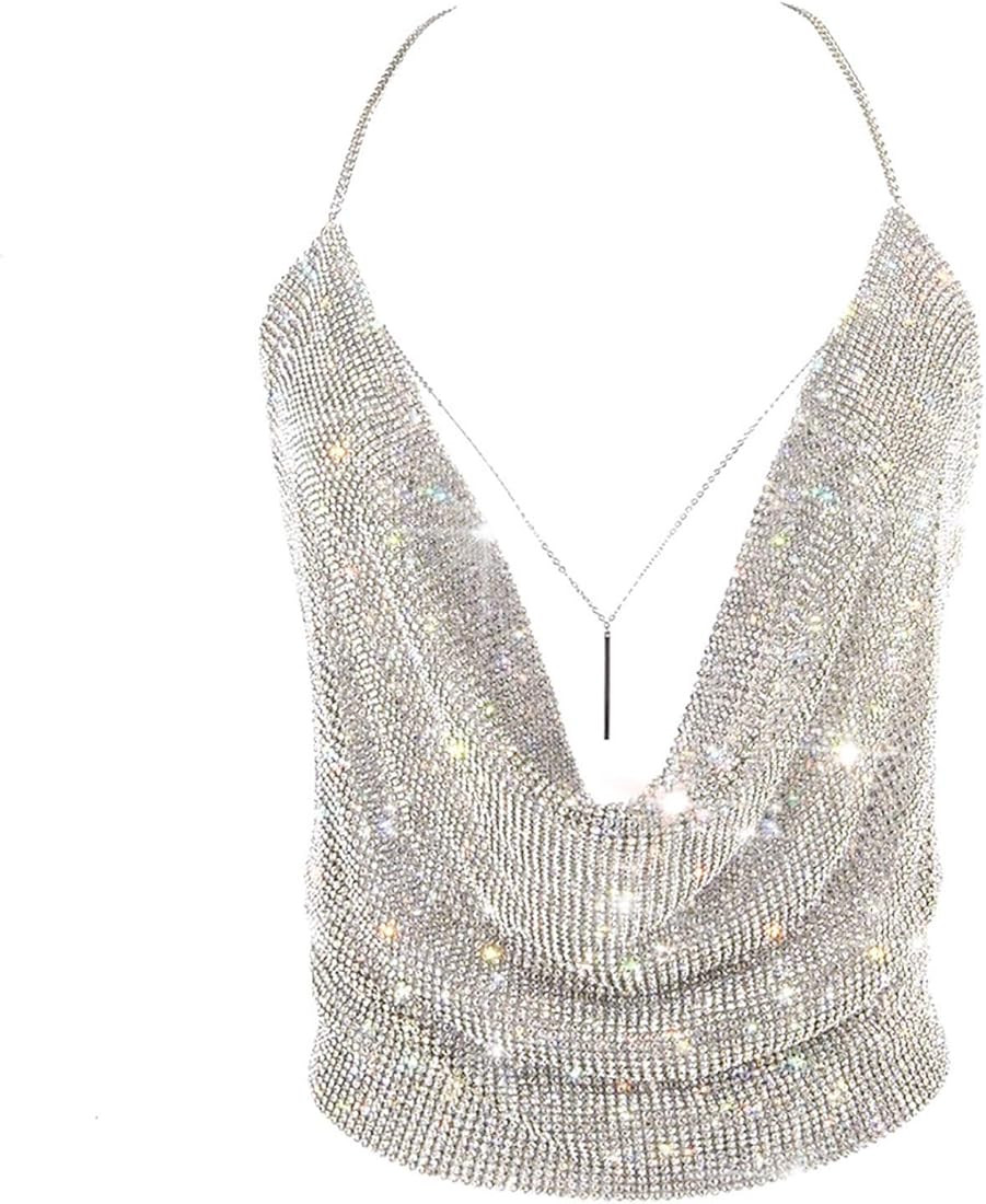 Gold Sexy Tops for Women Sparkly Deep V Neck Crop Tank Tops Cami Body Chain Top | Amazon (US)