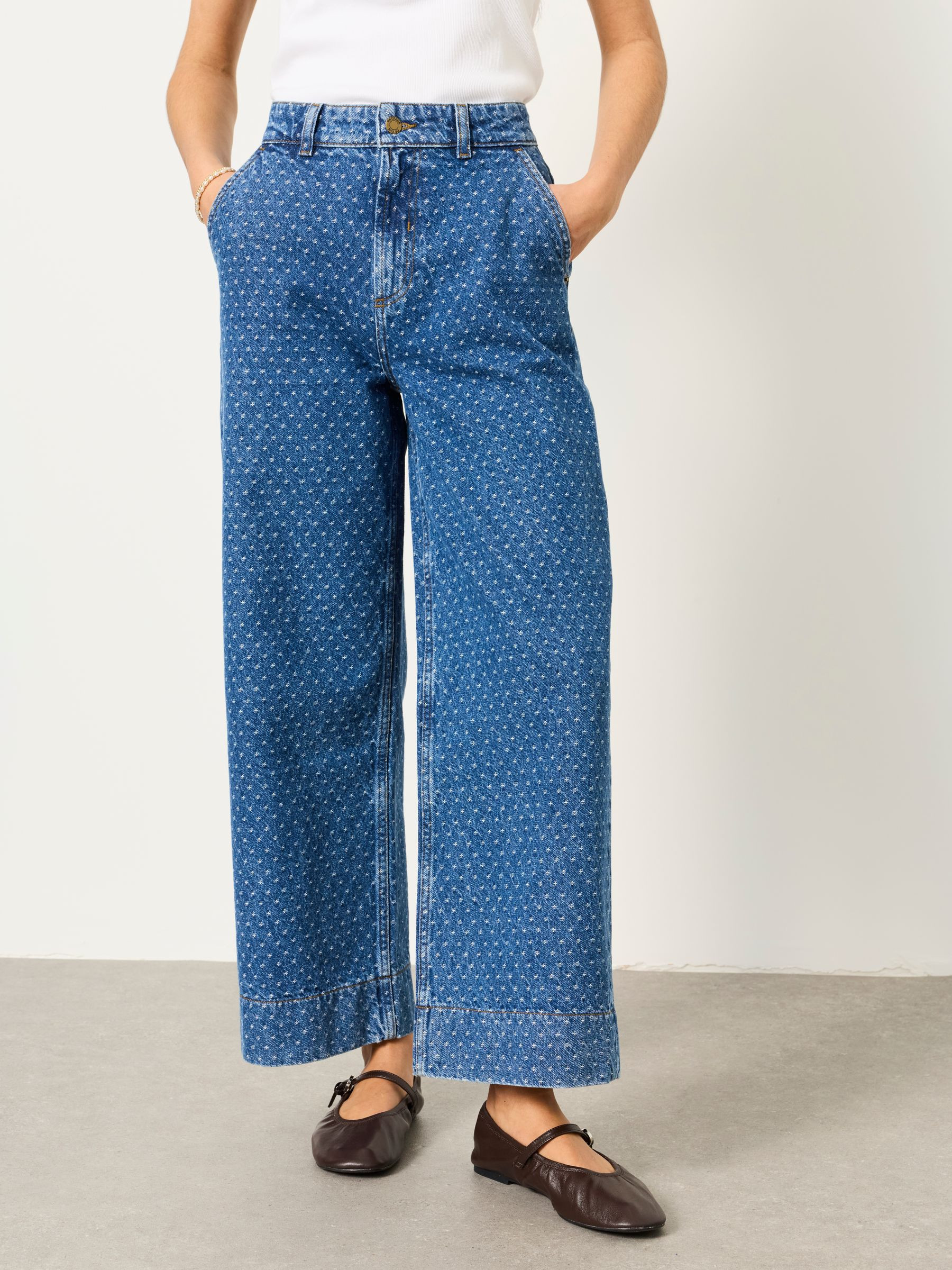 Hove Blue Denim Spot Wide Leg Crop Jeans | Fat Face